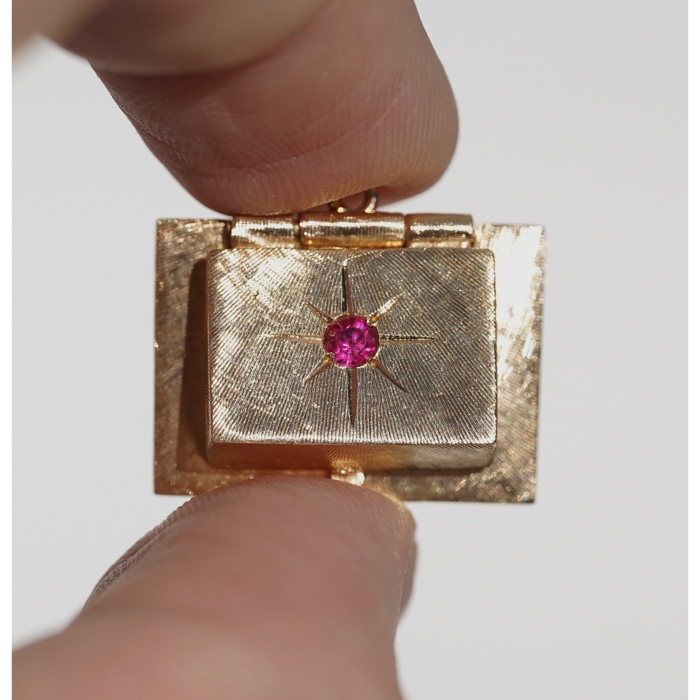 Vintage 14k Solid Yellow Gold Man Made Ruby Engagement Ring Box Pendant Charm - Picture 12 of 14